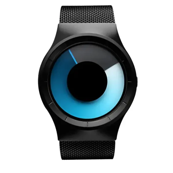 Uhr mit modernem Design, schwarzes Gehäuse und blaues Zifferblatt, ideal für Technik- und Wissenschaftsbegeisterte. Perfekt als Dekorationsstück oder funktionales Accessoire.