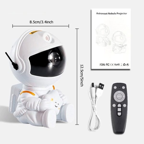 Mini Astronautenfigur mit Fernbedienung und USB-Kabel.