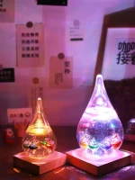 Zwei leuchtende Glas-Dekorationen in Form von Wassertropfen, die mit bunten Lichtern gefüllt sind, auf einer Holzbasis, ideal für wissenschaftliche Dekorationen oder moderne Raumgestaltung.