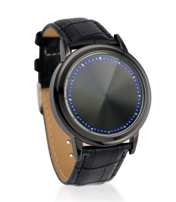 Moderne Armbanduhr mit digitaler LED-Anzeige und schwarzem Lederarmband, ideal für Technik- und Modebegeisterte.