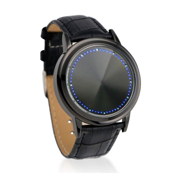 Moderne Armbanduhr mit digitaler LED-Anzeige und schwarzem Lederarmband, ideal für Technik- und Modebegeisterte.
