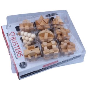 Holz-Puzzle-Set mit verschiedenen geometrischen Formen, ideal für Kinder und Erwachsene, fördert logisches Denken und Feinmotorik, in transparentem Kunststoff-Behälter.