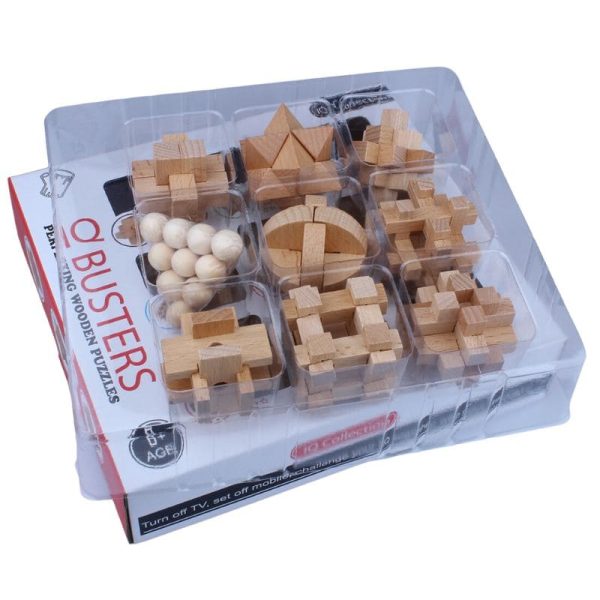 Holz-Puzzle-Set mit verschiedenen geometrischen Formen, ideal für Kinder und Erwachsene, fördert logisches Denken und Feinmotorik, in transparentem Kunststoff-Behälter.