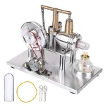 Wissenschaftliches Experimentiergerät mit mechanischen Komponenten, Glaskolben und Messinstrumenten für Bildungszwecke.