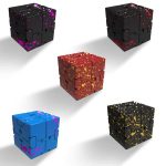 Bunte Spritzermuster auf schwarzen, roten, blauen und gelben Kunststoffwürfeln, ideal für wissenschaftliche Dekorationen und Gadgets.