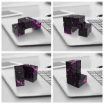 Schwarzer Würfel mit pinken Spritzern auf einem Laptop, wissenschaftliches Design, moderne Dekoration.