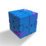 Moderner blauer Würfel mit pinken Spritzern, dekoratives Wissenschafts-Objekt für Zuhause oder Büro.