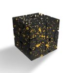 Moderner schwarzer Würfel mit goldenen Spritzern, dekoratives wissenschaftliches Objekt, ideal für Sammler und Dekoration.