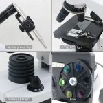 Mikroskop mit Smartphone-Halter, LED-Beleuchtung und Filter, ideal für wissenschaftliche Untersuchungen und Bildung.