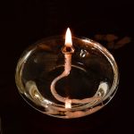 Kerze mit brennender Flamme in einer transparenten Glasschale, die eine wissenschaftliche Dekoration oder ein wissenschaftliches Gadget darstellt.