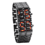 Modernes schwarzes Armband mit integrierten roten LED-Leuchten, das wie ein technologisches Accessoire aussieht. Perfekt für Technik- und Gadget-Liebhaber.