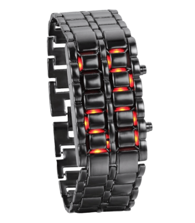 Modernes schwarzes Armband mit integrierten roten LED-Leuchten, das wie ein technologisches Accessoire aussieht. Perfekt für Technik- und Gadget-Liebhaber.