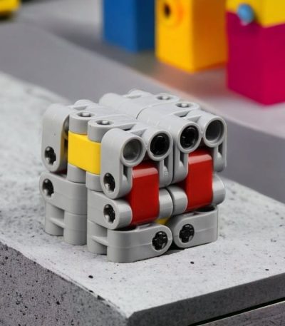 Kreativer Roboter aus LEGO-Steinen, gebaut mit bunten Bausteinen in Grau, Rot, Gelb und Blau, auf einer grauen Oberfläche.