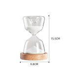 Elegante Sanduhr aus Glas mit Holzsockel, ideal für wissenschaftliche Dekorationen und Zeitmessung, Höhe 15,5 cm, Durchmesser 9,8 cm.