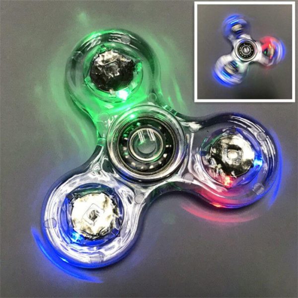 Leuchtender Fidget-Spinner mit LED-Lichtern in Blau, Rot und Grün, ideal für Stressabbau und Unterhaltung.