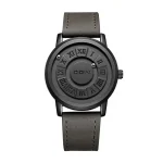 Moderne schwarze Armbanduhr mit römischen Ziffern und minimalistischer Optik, ideal für Wissenschafts- und Dekorationsliebhaber.