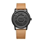 Moderne Uhr mit schwarzem Zifferblatt, römischen Zahlen und braunem Lederarmband, ideal für Wissenschafts- und Dekorationsliebhaber.
