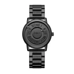 Schwarze wissenschaftliche Uhr mit römischen Ziffern und modernem Design, ideal für Dekoration und Sammler.