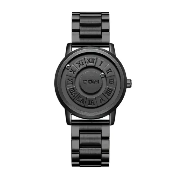 Schwarze wissenschaftliche Uhr mit römischen Ziffern und modernem Design, ideal für Dekoration und Sammler.