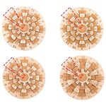 Vier runde Holz-Zahlenräder mit roten Zeigern, ideal für wissenschaftliche Dekorationen und Lernspiele, auf weißem Hintergrund.