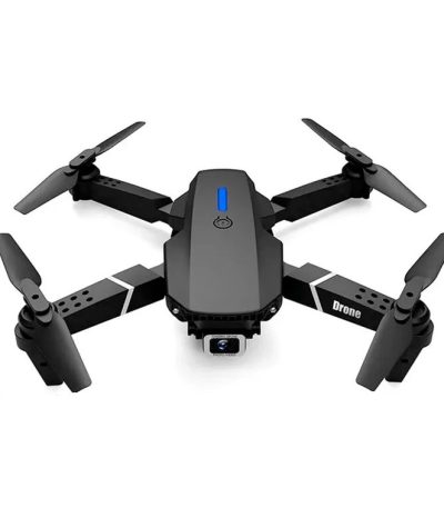 Moderne quadrocopter Drohne mit vier Propellern, ideal für Luftaufnahmen und Hobbyflug, in schwarz mit blauer LED-Leiste auf der Oberseite.