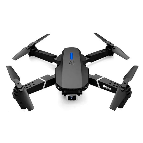 Moderne quadrocopter Drohne mit vier Propellern, ideal für Luftaufnahmen und Hobbyflug, in schwarz mit blauer LED-Leiste auf der Oberseite.