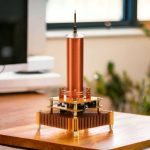Hochspannungs-Experimentiergerät mit Kupferzylinder und isoliertem Aufbau, ideal für wissenschaftliche Dekorationen und Lernzwecke.