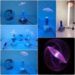 Hologramm-Display mit blauer Beleuchtung, zeigt 3D-Objekt und wissenschaftliche Illustration, ideal für Dekoration und Bildung.