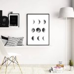 Modernes Raumdekor mit Mondphasen-Poster, weißen Wänden, stilvollem Lampenschirm und minimalistischer Einrichtung. Perfekt für Wissenschafts- und Dekorationsliebhaber.