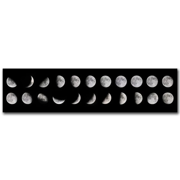 Darstellung der verschiedenen Mondphasen in 20 Schritten, von Neumond bis Vollmond, auf schwarzem Hintergrund.