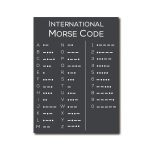 Bild eines internationalen Morsealphabets auf schwarzem Hintergrund, zeigt Buchstaben und Zahlen in Morsezeichen, ideal für Wissenschafts- und Dekorationszwecke.