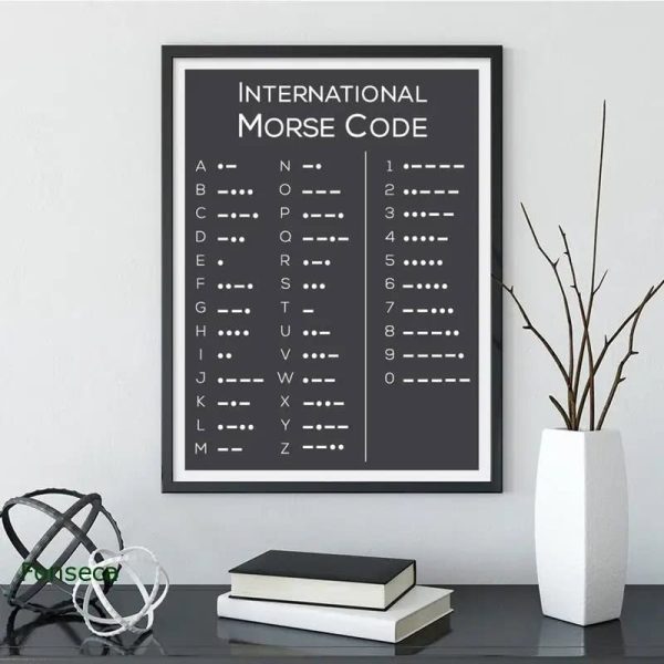 Wandposter mit internationalem Morsecode, ideal für Dekoration und Bildung, zeigt die Morsealphabet-Tabelle in Schwarz-Weiß-Design.