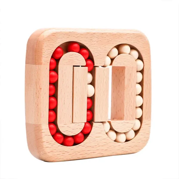Holz-Newton-Wiege mit roten und weißen Kugeln, wissenschaftliches Dekor, ideal für Bildung und Raumdekoration.