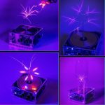 Elektrischer Plasma-Generator mit blauer und violetter Entladung, zeigt Funken und elektrische Entladungen auf einem transparenten Tisch.