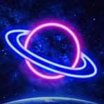 Leuchtendes Neon-Planet mit Ringen vor einem Sternenhimmel, ideal für wissenschaftliche Dekorationen und Gadgets.