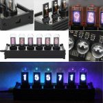 Nixie-Röhren Uhr mit leuchtenden Ziffern in verschiedenen Farben, ideal für Technik- und Dekorationsliebhaber.