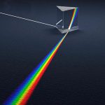 Ein Glasprisma, das Sonnenlicht bricht und einen bunten Lichtbogen auf eine dunkle Oberfläche projiziert.