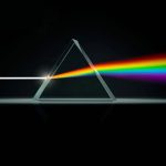 Ein Prisma, das Licht in einem dunklen Hintergrund bricht, zeigt einen Regenbogen-Effekt durch Lichtbrechung.