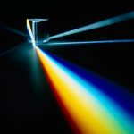 Nahaufnahme eines Prismas, das Licht in verschiedene Farben bricht, zeigt die physikalische Optik und Lichtreflexion.
