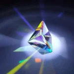 Ein prismatischer Kristall, der Lichtstrahlen bricht und bunte Reflexionen auf einer dunklen Oberfläche erzeugt, ideal für wissenschaftliche Dekorationen.
