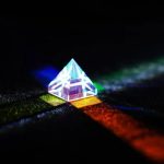 Glaspyramide mit bunten Lichtreflexionen auf dunklem Hintergrund, ideal für wissenschaftliche Dekorationen und Experimente.