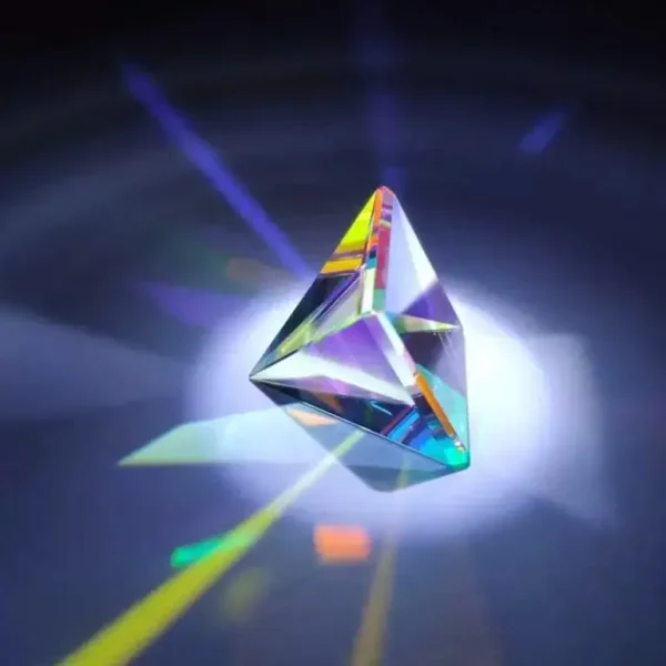 Ein prismatischer Kristall, der Lichtstrahlen bricht und bunte Reflexionen auf einer dunklen Oberfläche erzeugt, ideal für wissenschaftliche Dekorationen.