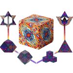 Ein farbenfrohes Set aus sternförmigen Kristallen und bunten Würfeln, ideal für wissenschaftliche Dekorationen und Lernspiele, mit leuchtenden, psychedelischen Mustern.
