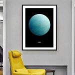 Modernes wissenschaftliches Poster von Uranus, in Schwarz-Weiß gehalten, gerahmt und an einer grauen Wand in einem stilvollen Raum präsentiert.