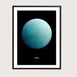 Detailliertes Poster von Uranus mit blauer Farbgebung auf schwarzem Hintergrund, ideal für Wissenschafts- und Dekorationszwecke.