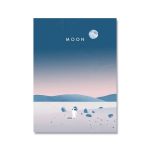 Illustration einer Mondlandschaft mit einem Astronauten, der auf der Oberfläche steht, und einem klar sichtbaren Mond am Himmel, in sanften Blau- und Grautönen.