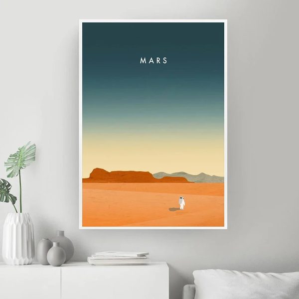Klares Poster eines Mars-Landschaftsbildes mit rotem Boden und Himmel, ideal für Wissenschafts- und Raumfahrtdekorationen.