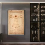 Hochwertiger Druck des Vitruvianischen Menschen von Leonardo da Vinci, zeigt die perfekte Proportion des menschlichen Körpers, ideal für Wissenschafts- und Kunstliebhaber.