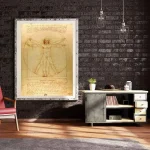 Detailliertes Bild des Vitruvianischen Menschen von Leonardo da Vinci, das die Proportionen des menschlichen Körpers zeigt, auf einer Wand in einem modernen Raum.