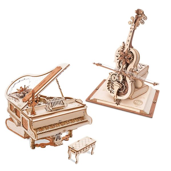 Detailliertes Holzmodell eines Klaviers und einer Geige, perfekt für Wissenschafts- und Dekorationszwecke, handgefertigt mit präzisen mechanischen Details.